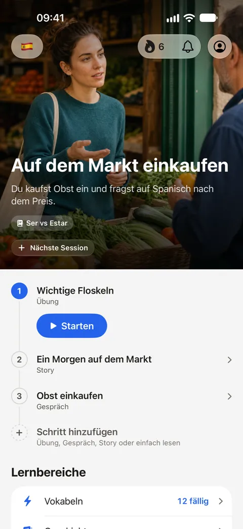 Lingoo: Startseite mit dem Session-Plan „Auf dem Markt einkaufen“
