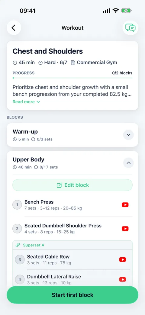 S3SSIONS: generiertes Workout mit Begründung des Coaches